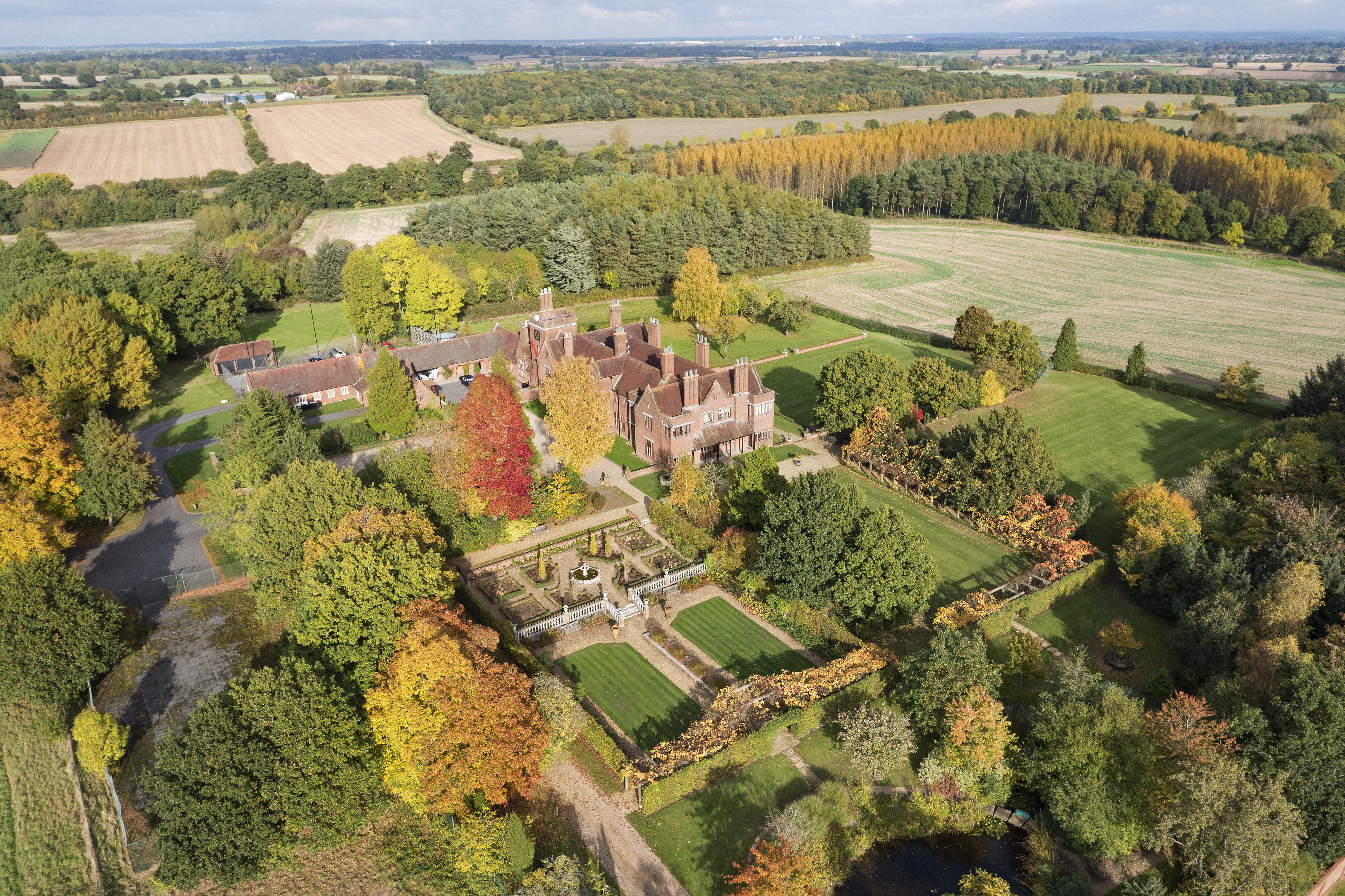 Honiley Hall — full estate from the air